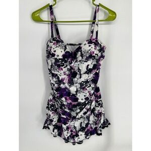 Hilor Womens Purple Floral Ruched Swim Dress One Piece Swimsuit Size 14 NWT